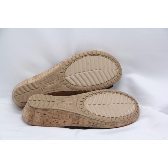 Crocs A Leigh Sandals Womens Sz 10 Black Leather Cork Wedge Heel Slip On Slide - Picture 6 of 7